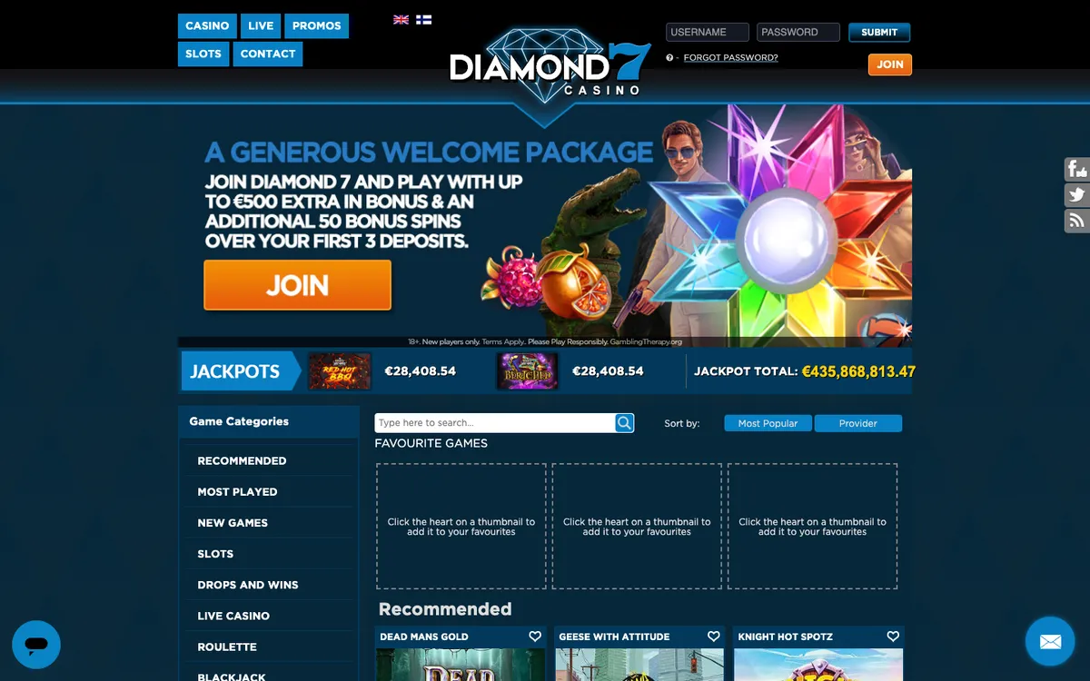 Diamond 7 Casino — Home page, captured from Norway