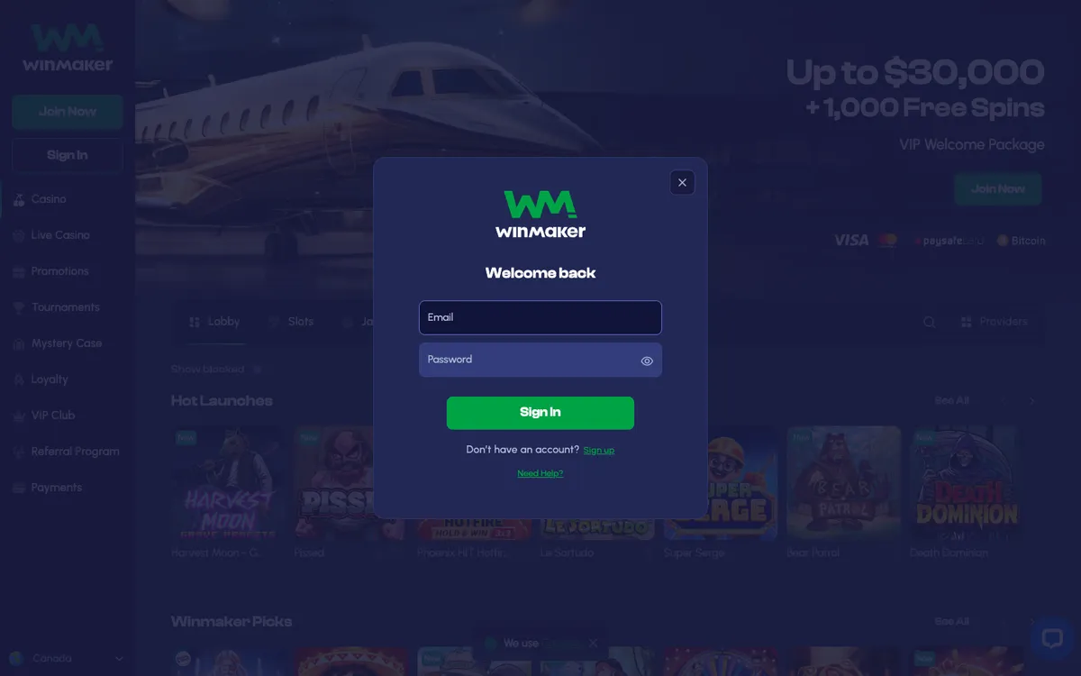Winmaker Casino — Sign-up, captured from Canada
