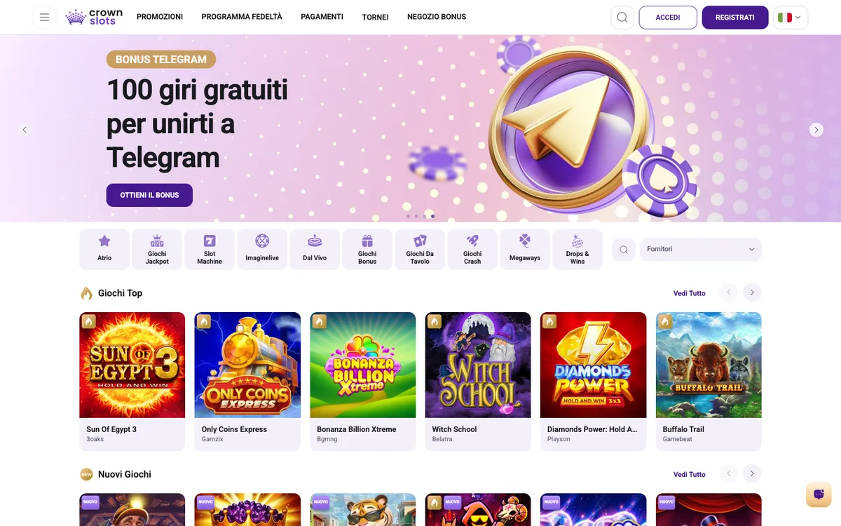 Crownslots Casino — Home page, captured from Italy