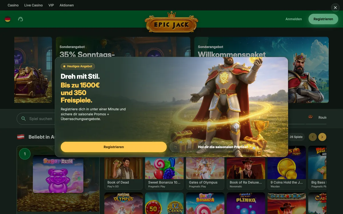 EpicJack Casino — «Главная», снято из страны Австрия