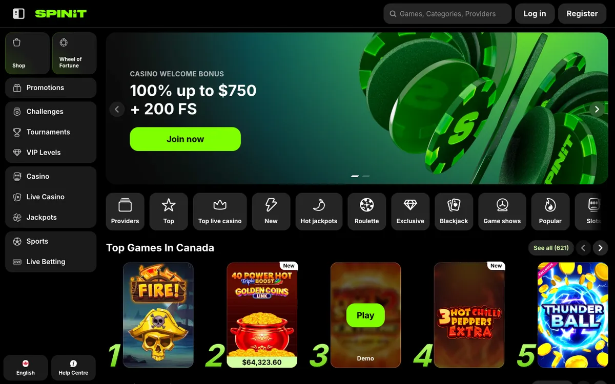 Spinit Casino — Home page, captured from Canada