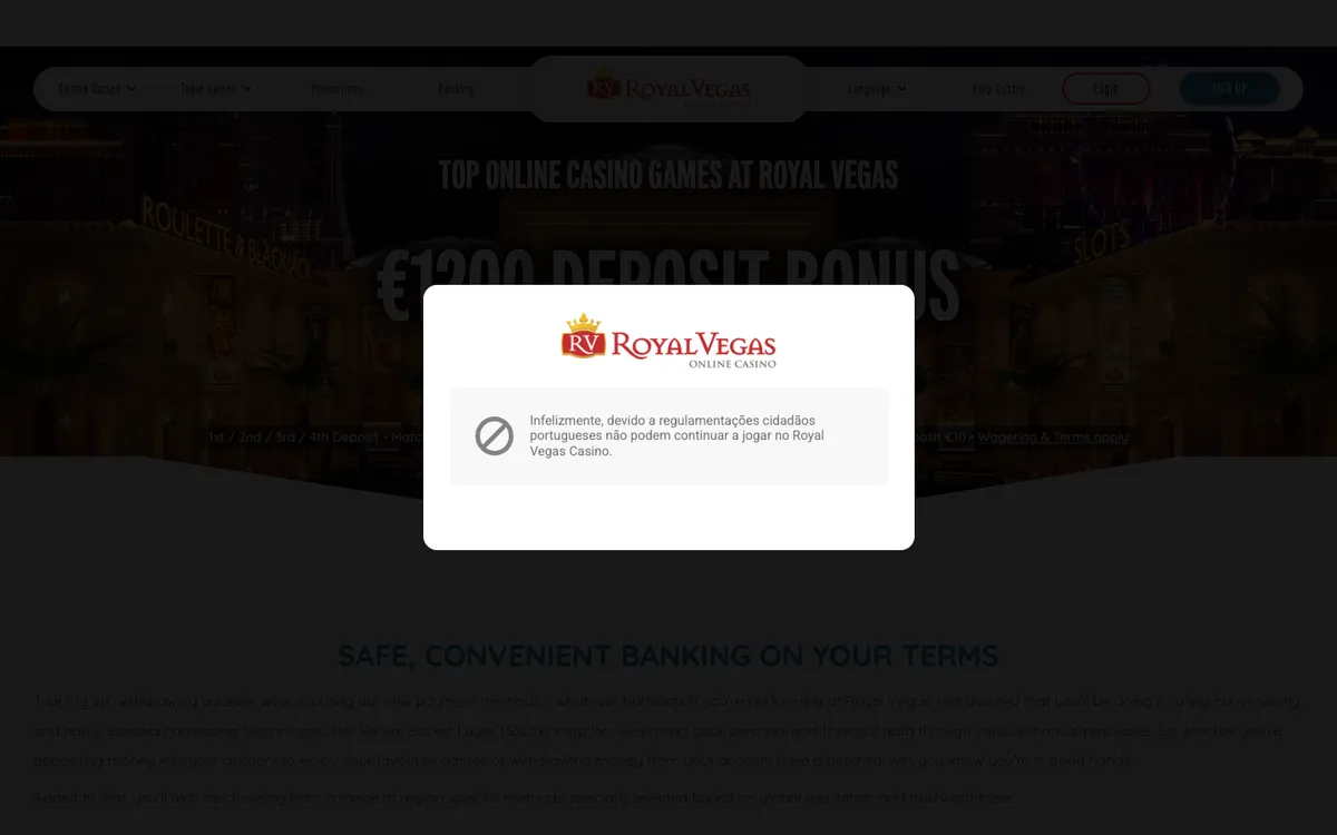 Royal Vegas Casino — Payments, captured from Portugal