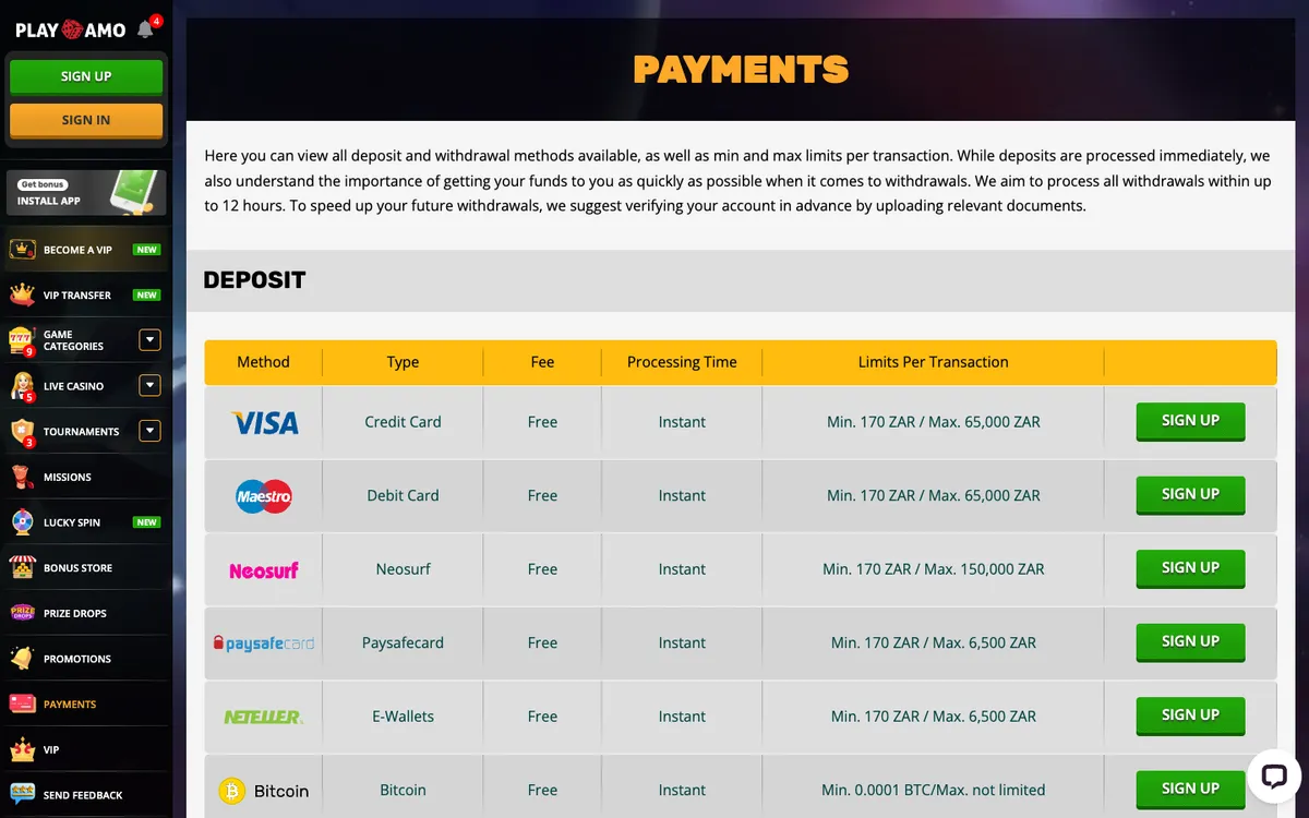 Playamo Casino — Payments, captured from South Africa