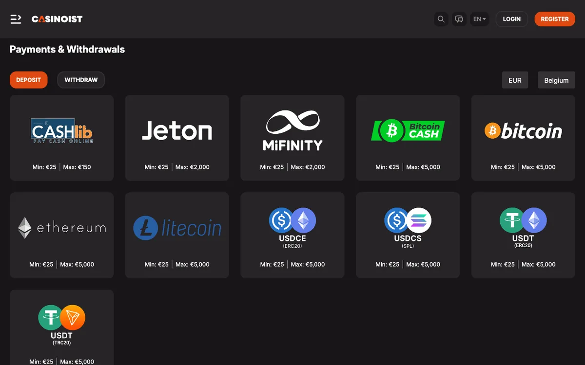 Casinoist Casino — Payments, captured from Belgium