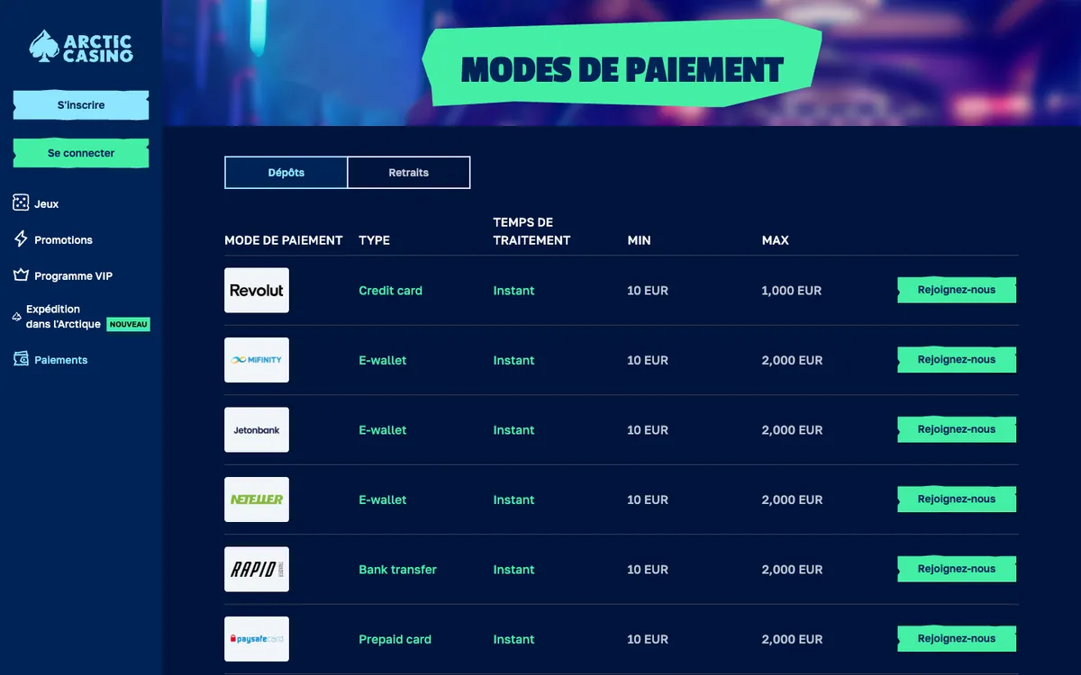 Arctic Casino — Payments, captured from France