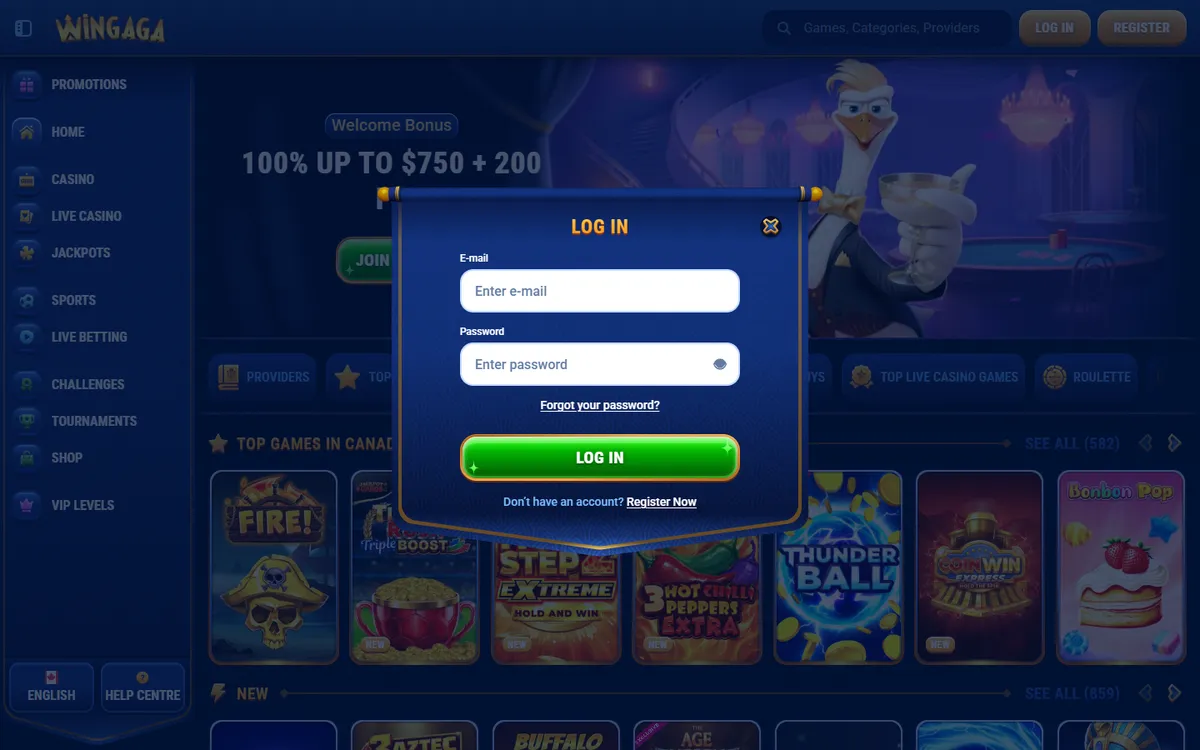 WinGaga Casino — «Регистрация», снято из страны Канада
