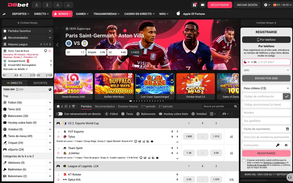 DBbet Casino — Home page, captured from Chile