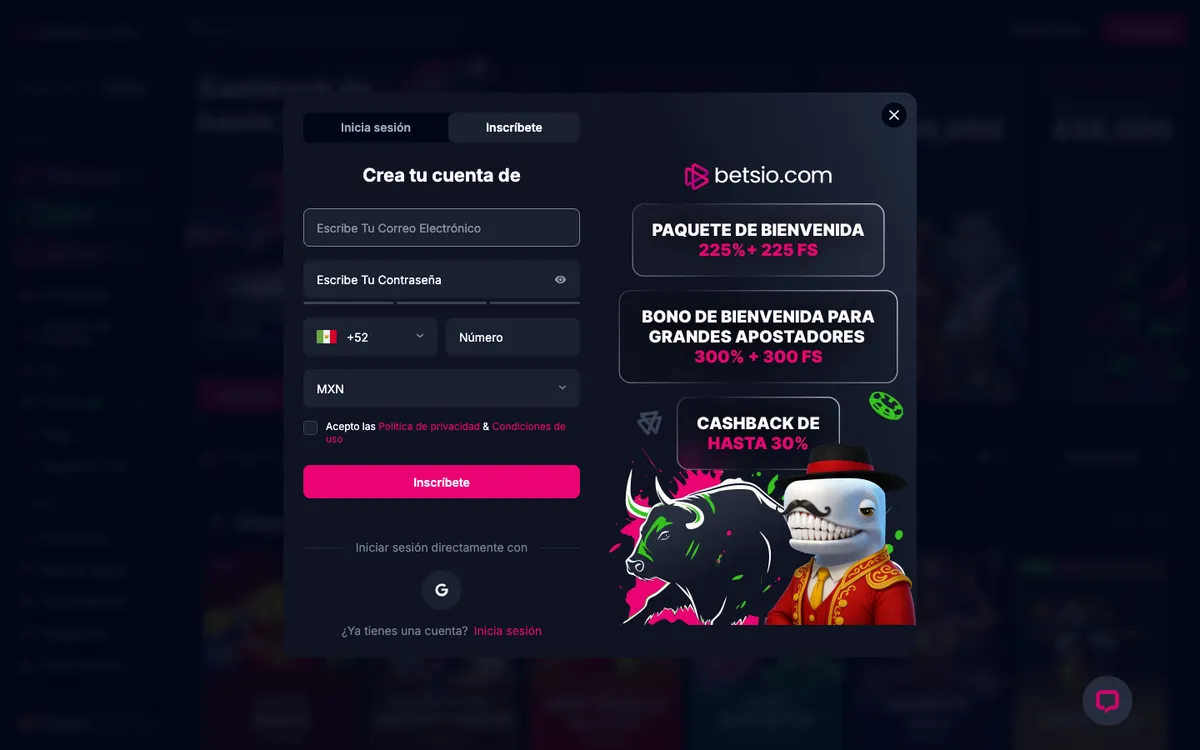 Betsio Casino — Home page, captured from Mexico