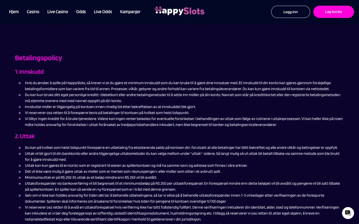 HappySlots Casino — Payments, captured from Norway