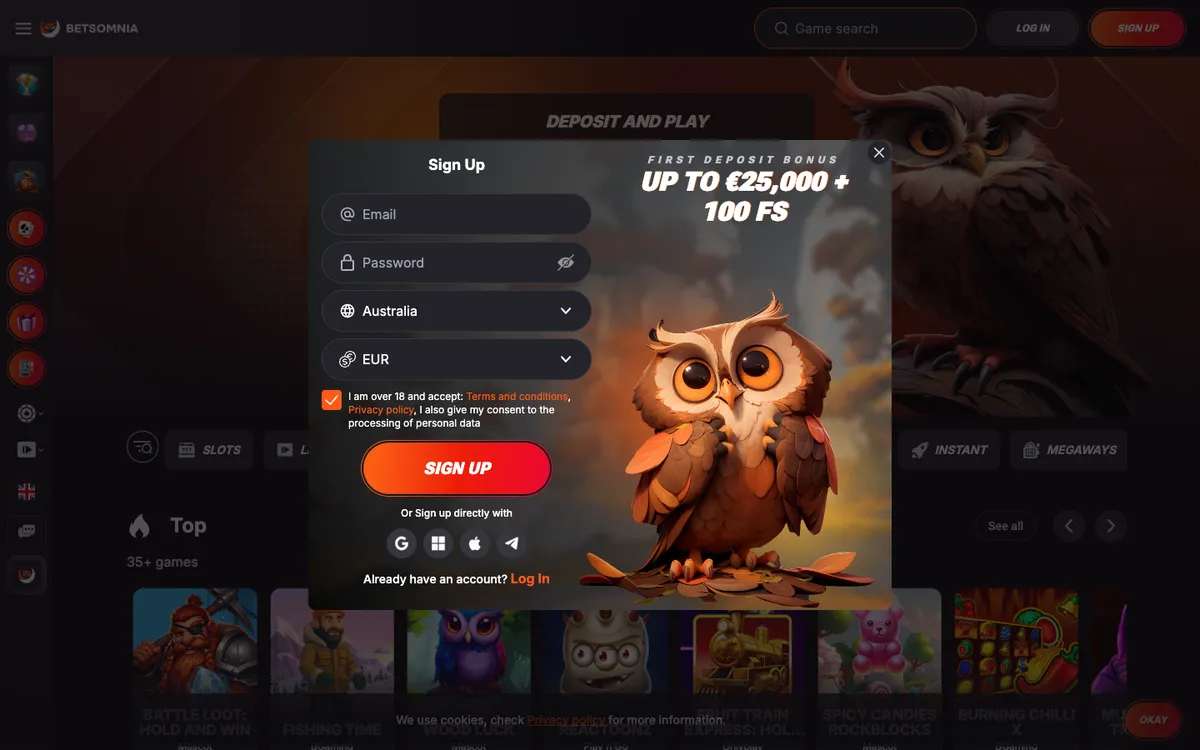 Betsomnia Casino — «Регистрация», снято из страны Австралия