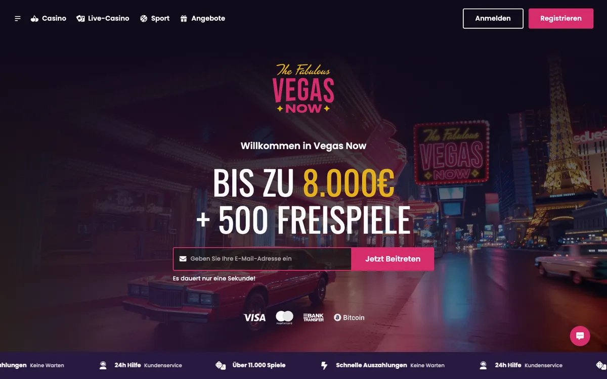 Vegas Now Casino — Home page, captured from Austria
