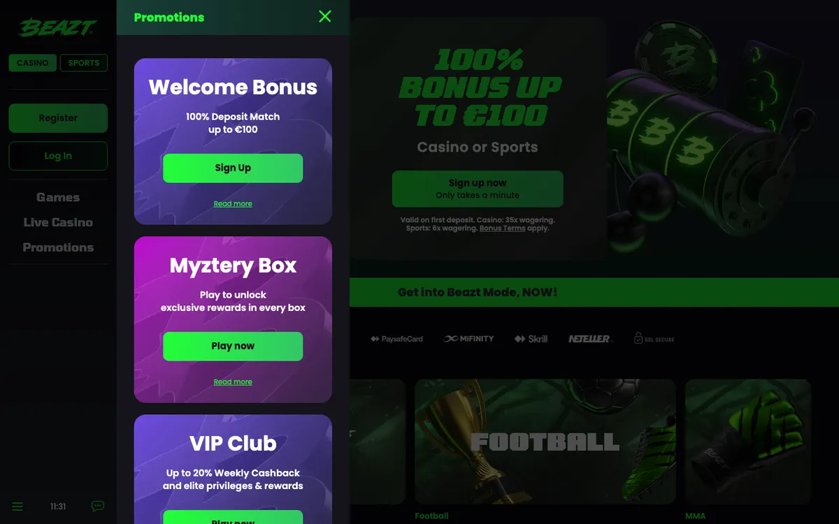 Beazt Casino — Promotions, captured from Belgium