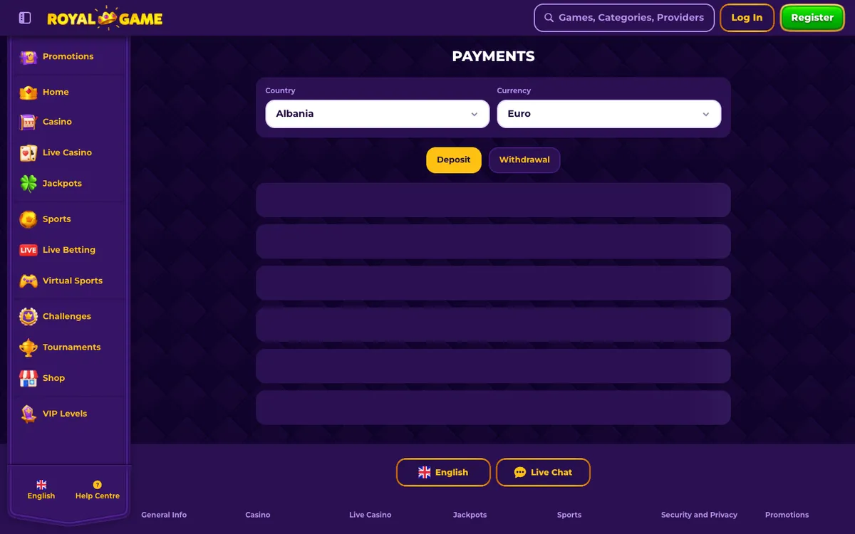 RoyalGame Casino — Payments, captured from Japan