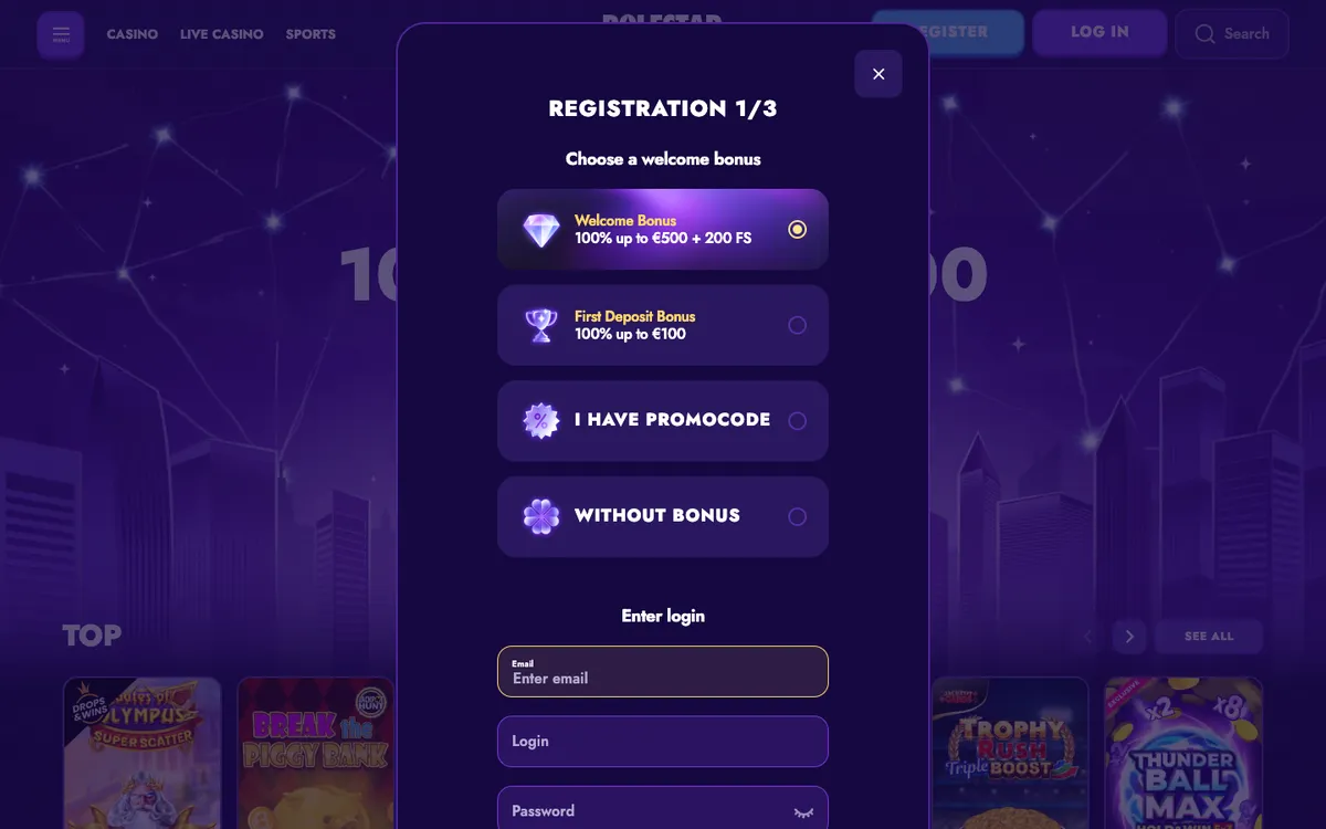 Polestar Casino — «Регистрация», снято из страны Новая Зеландия