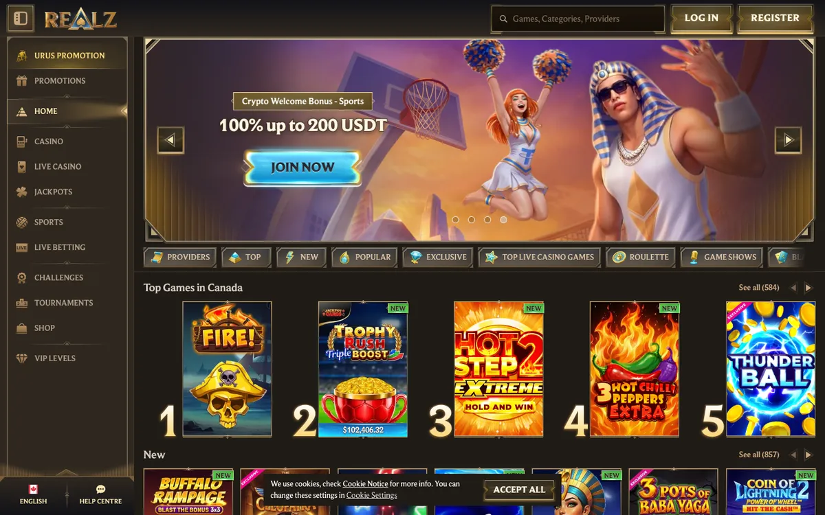 Realz Casino — «Главная», снято из страны Канада
