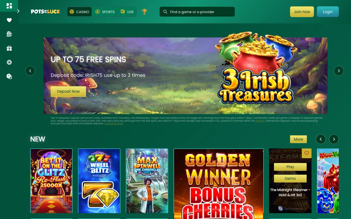 Pots of Luck Casino — «Главная», снято из страны Великобритания