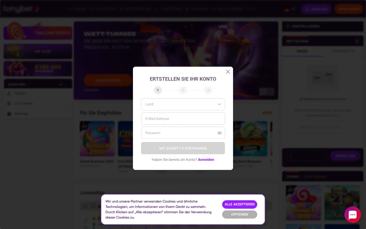 TonyBet Casino — «Главная», снято из страны Германия