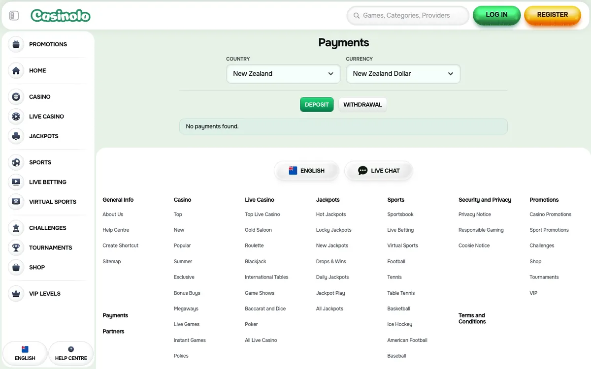 Casinolo Casino — Payments, captured from New Zealand