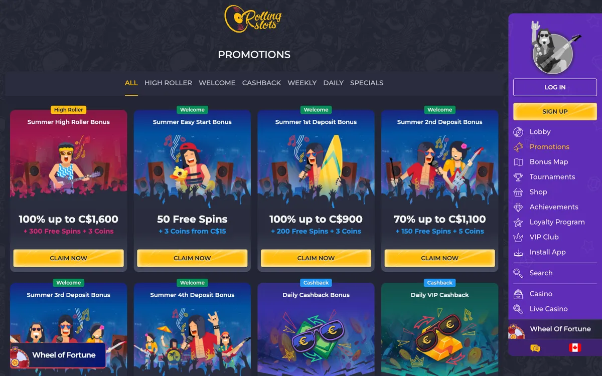 Rolling Slots Casino — «Акции», снято из страны Канада
