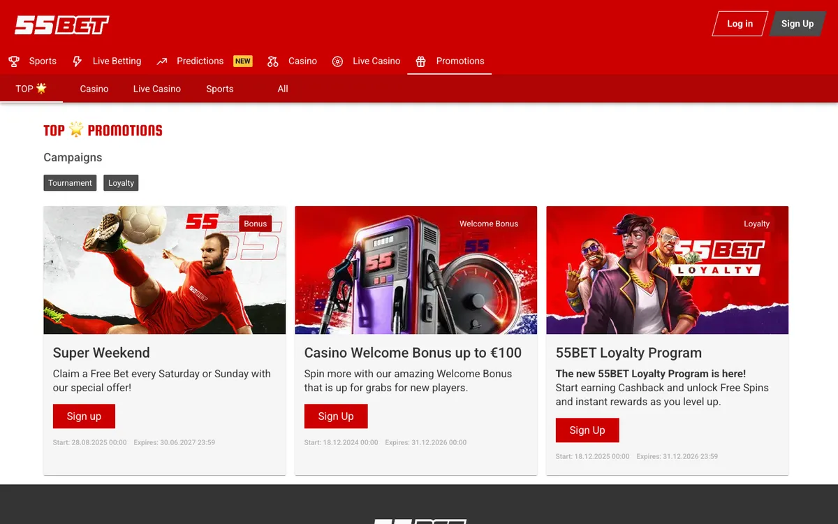 55BET Casino — Promotions, captured from Austria