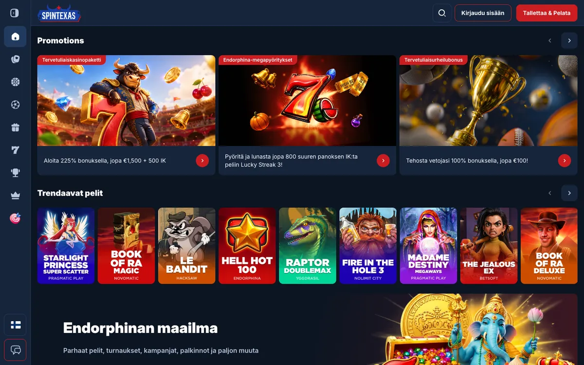 SpinTexas Casino — Home page, captured from Finland