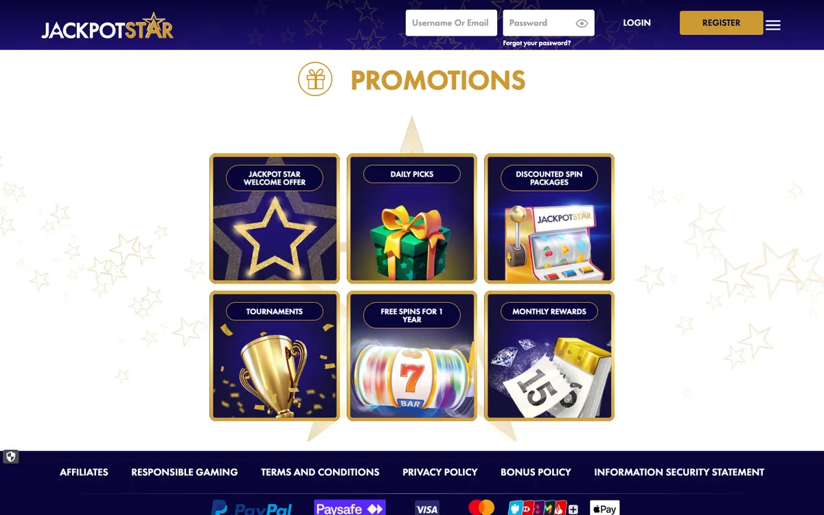Jackpot Star Casino — Promotions, captured from United Kingdom
