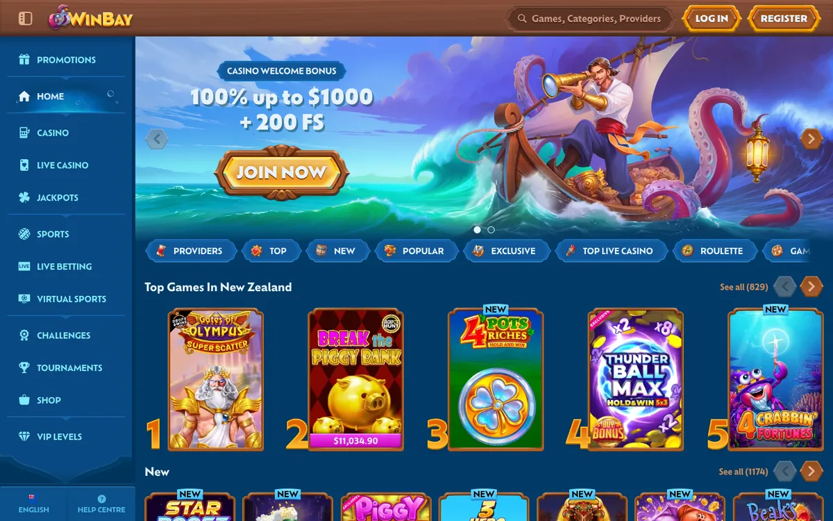Winbay Casino — «Главная», снято из страны Новая Зеландия