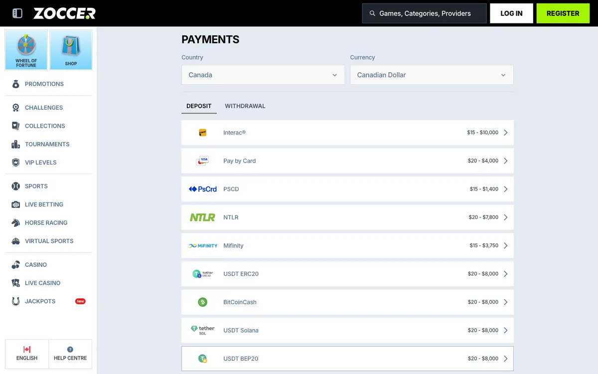 Zoccer Casino — Payments, captured from Canada