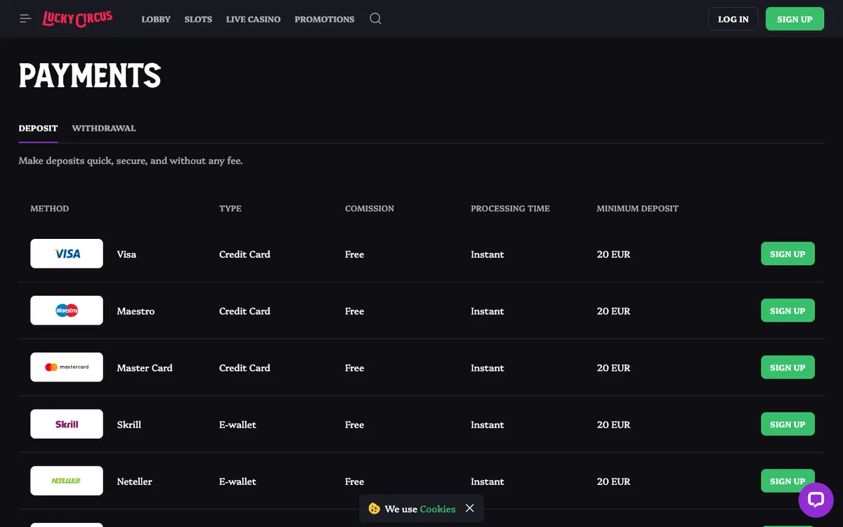 Lucky Circus Casino — Payments, captured from Brazil