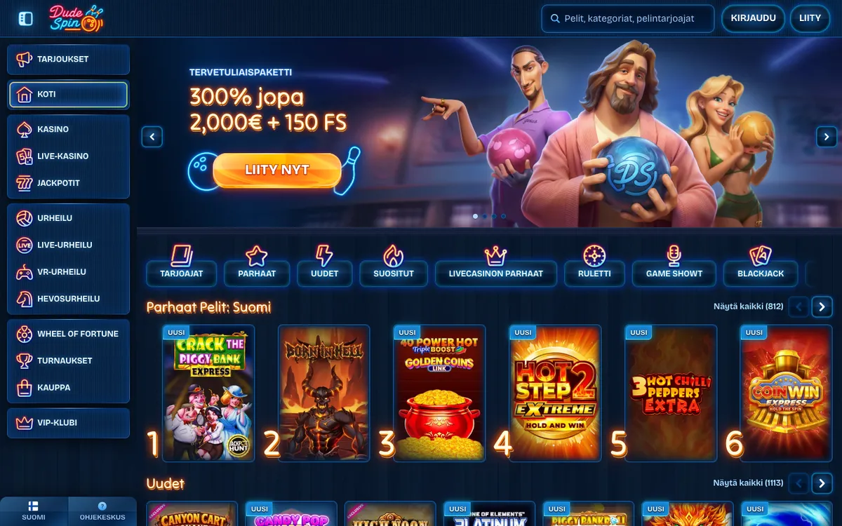 DudeSpin Casino — «Главная», снято из страны Финляндия