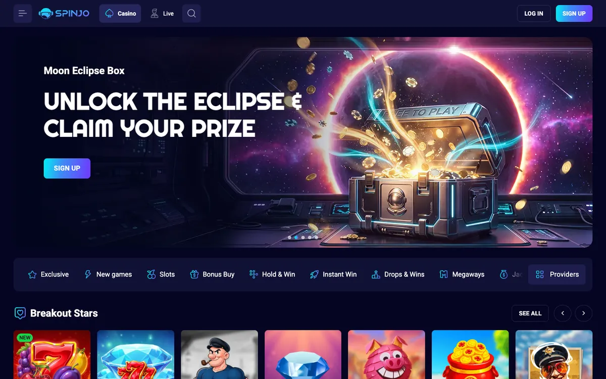 Spinjo Casino — Home page, captured from Canada