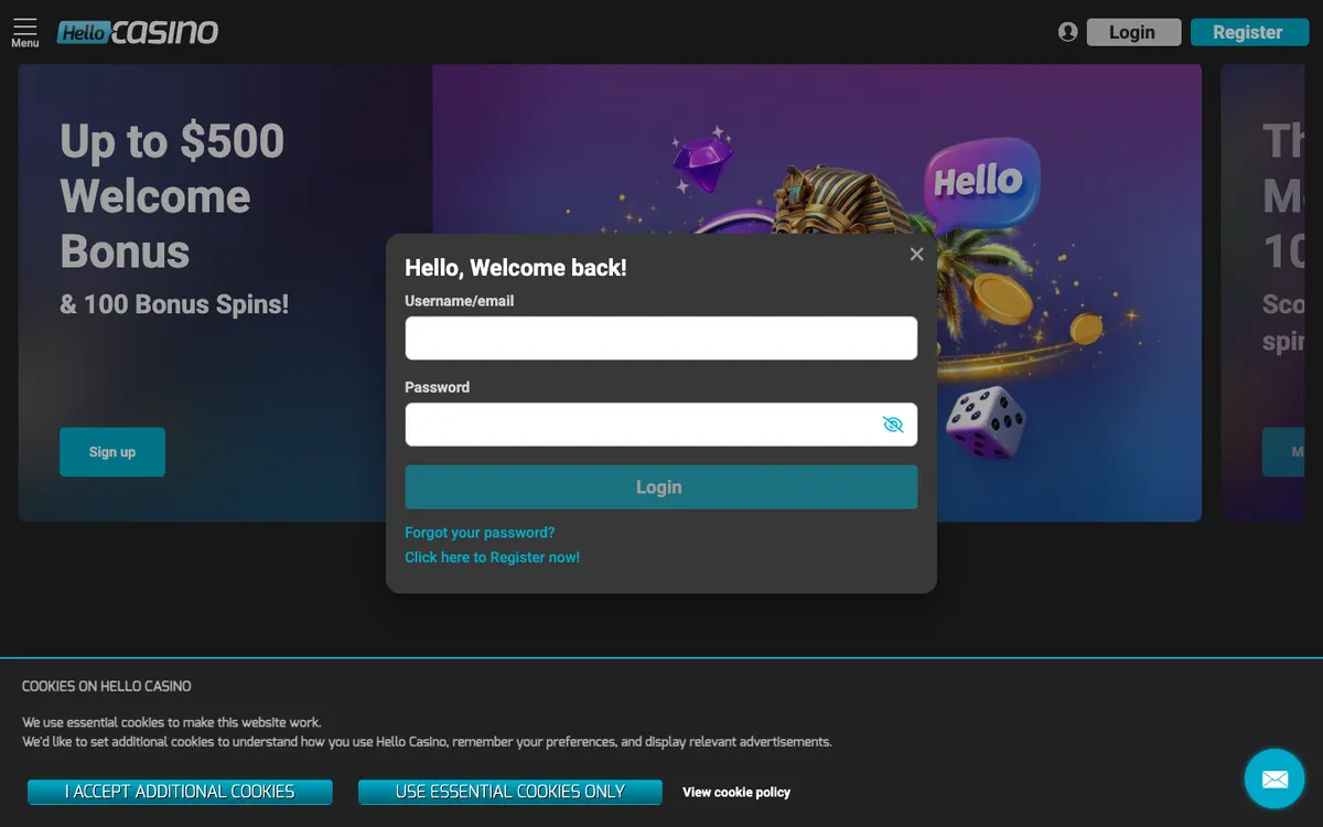 Hello Casino — «Регистрация», снято из страны Новая Зеландия