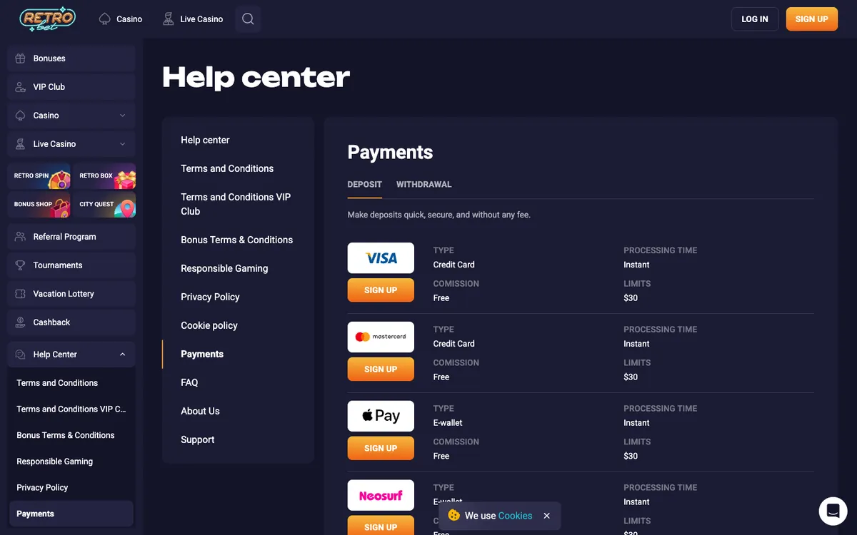 Retro Bet Casino — Payments, captured from New Zealand