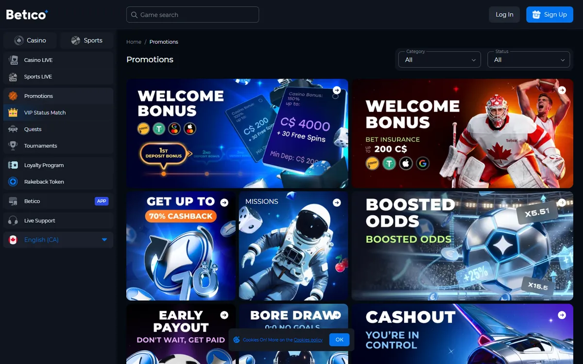 Betico Casino — Promotions, captured from Canada