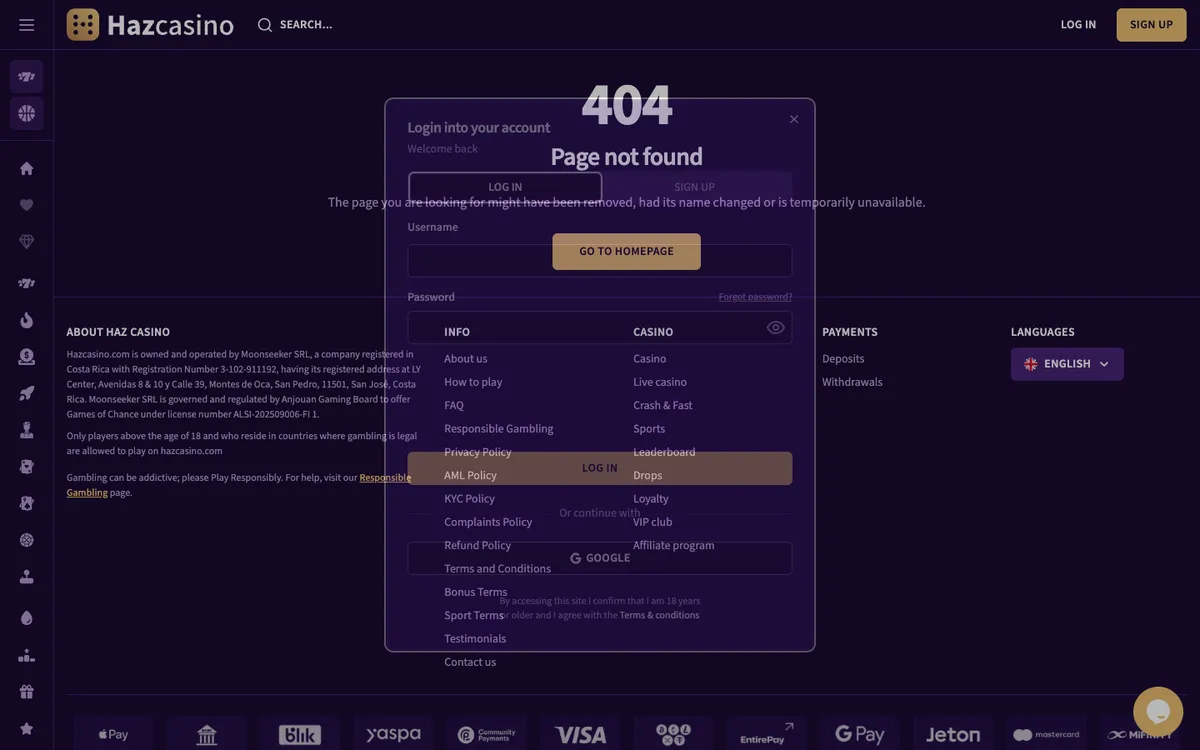 Haz Casino — «Регистрация», снято из страны Германия