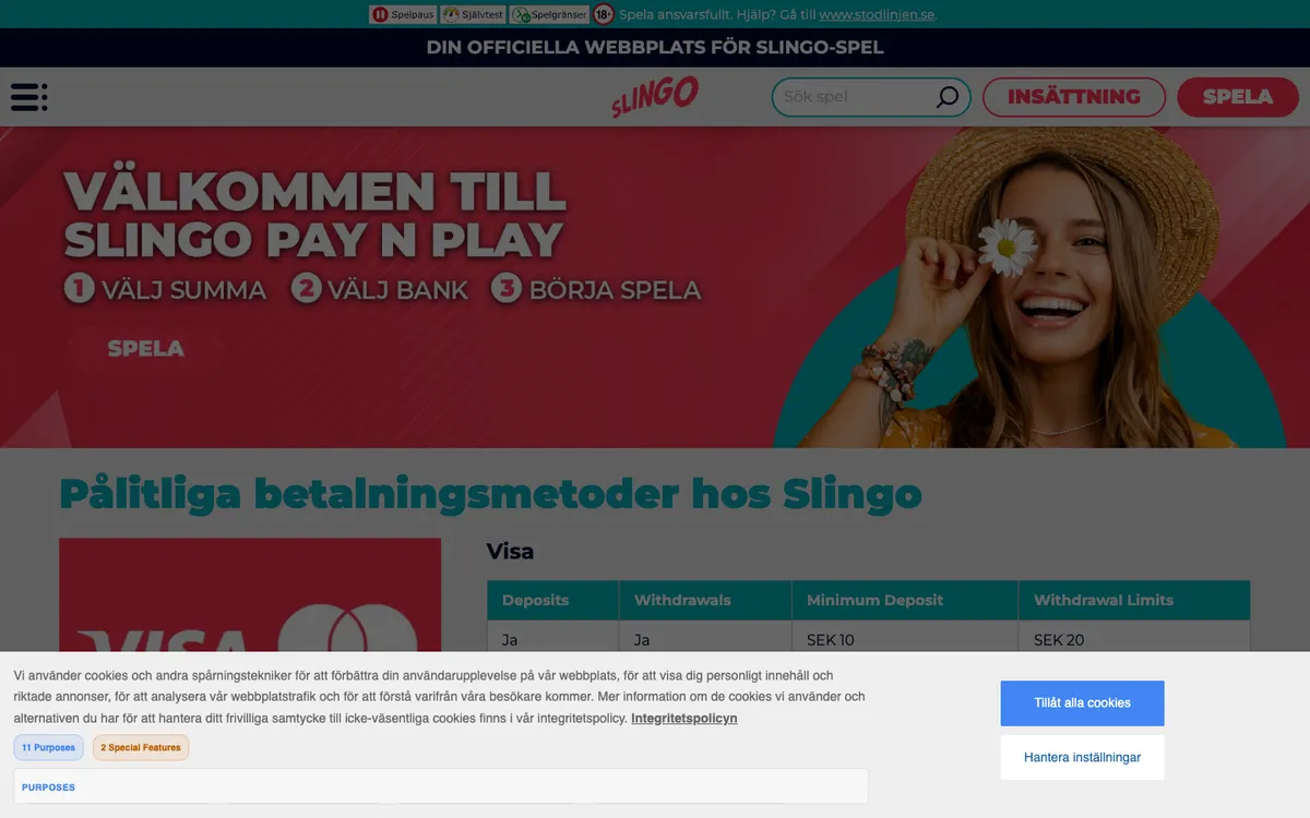 Slingo Casino — Payments, captured from Sweden