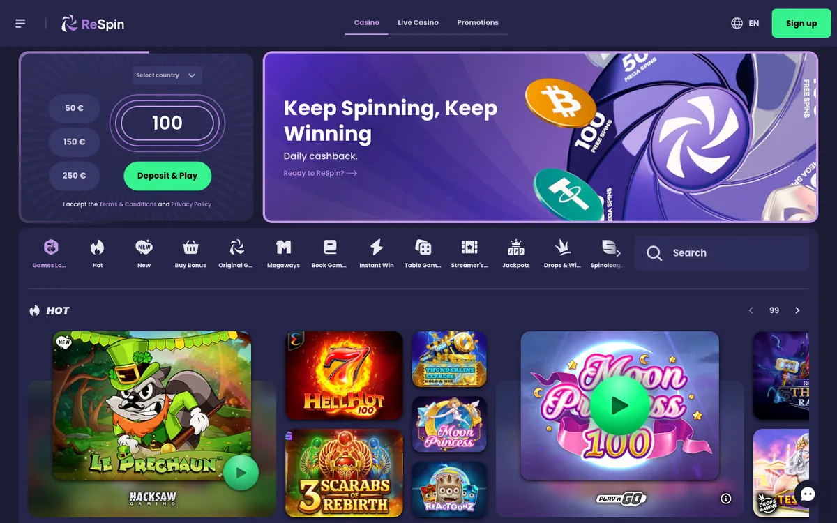 ReSpin Casino — Home page, captured from Finland
