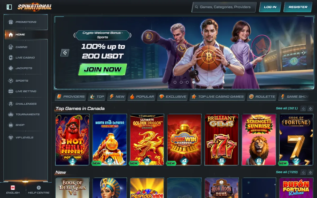 Spinational Casino — Home page, captured from Canada