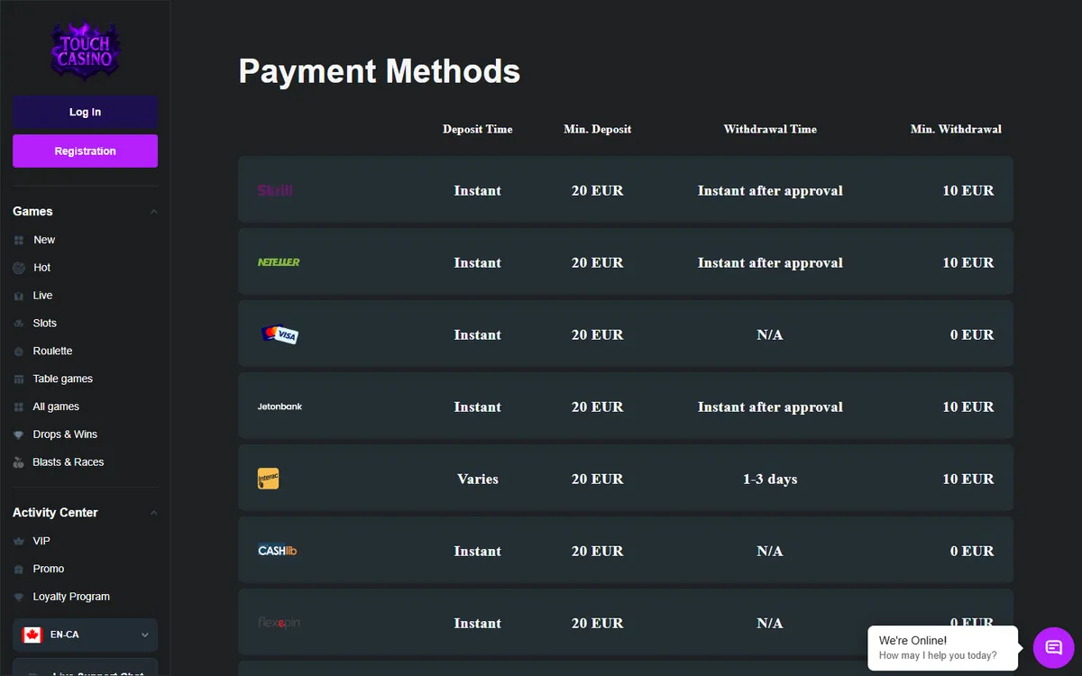Touch Casino — Payments, captured from Canada