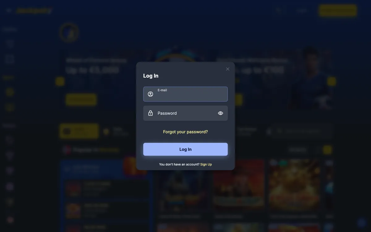 Jackpoty Casino — «Регистрация», снято из страны Норвегия