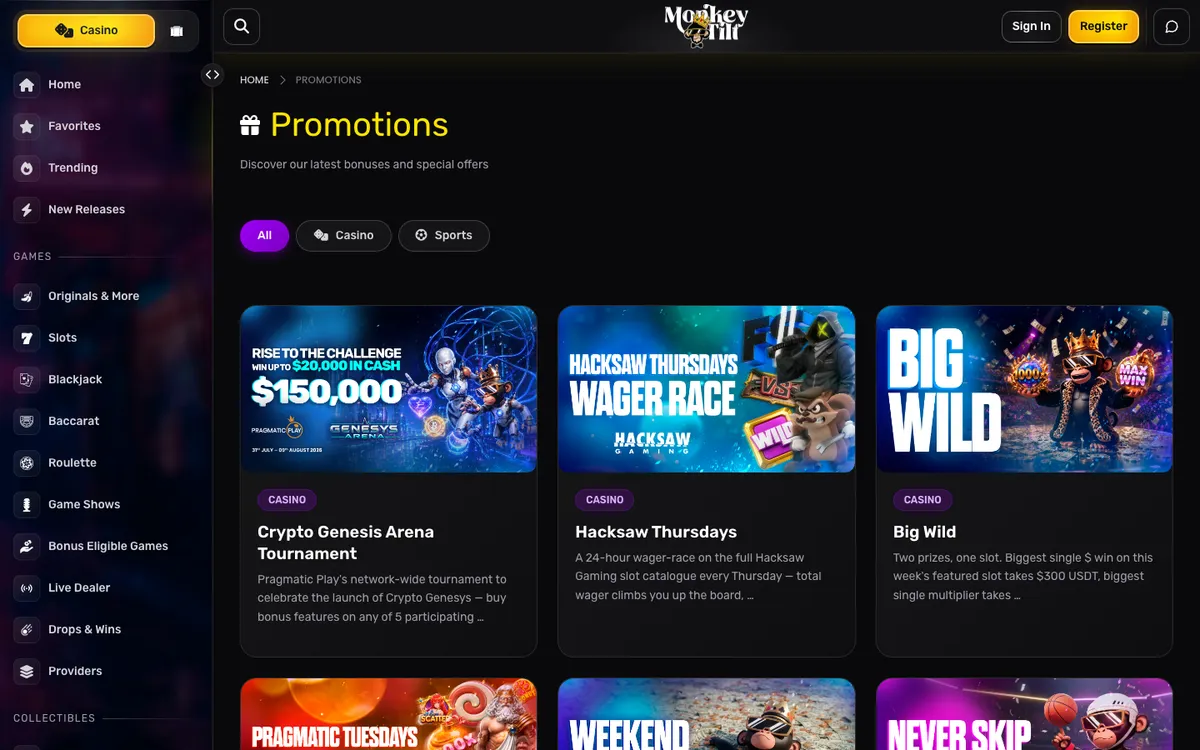 Monkey Tilt Casino — «Акции», снято из страны Австрия
