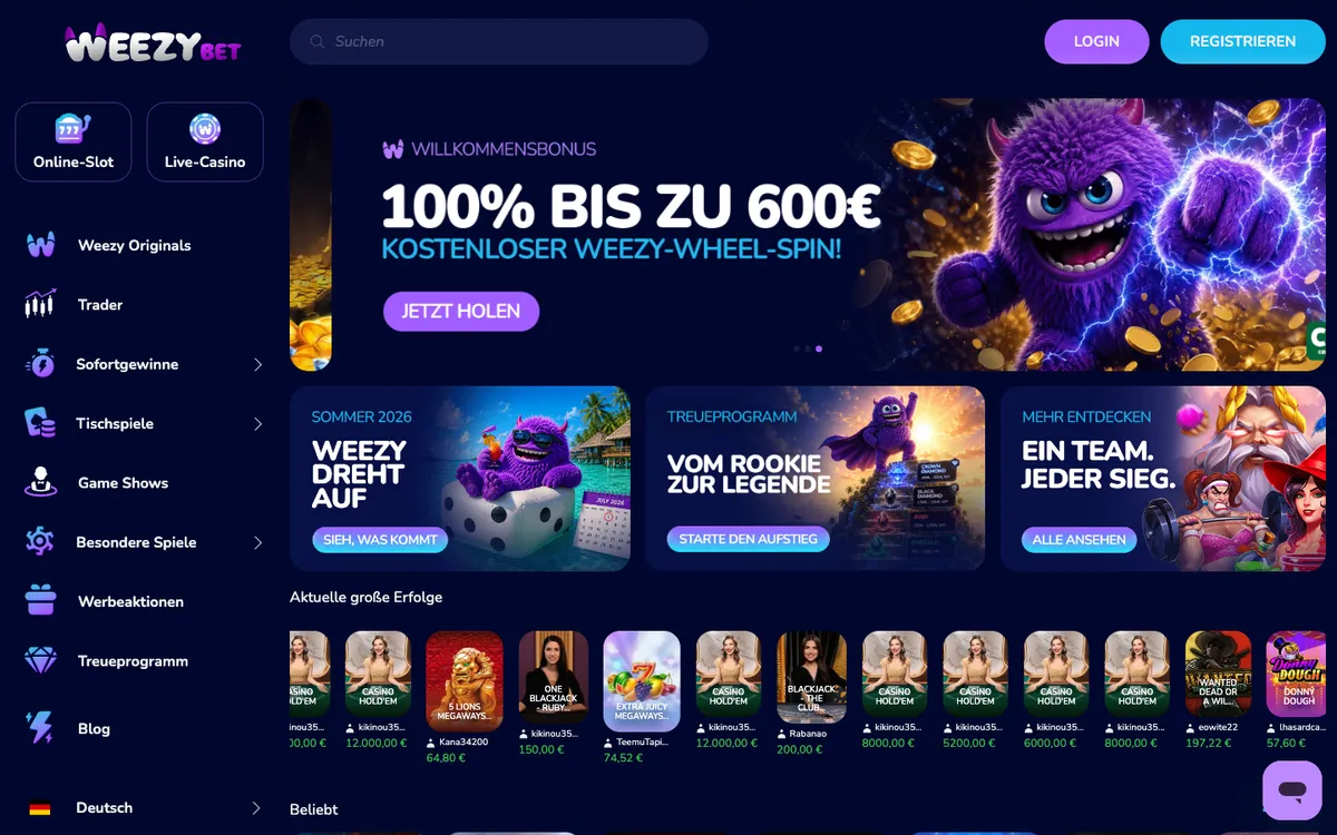 WeezyBet Casino — Home page, captured from Austria