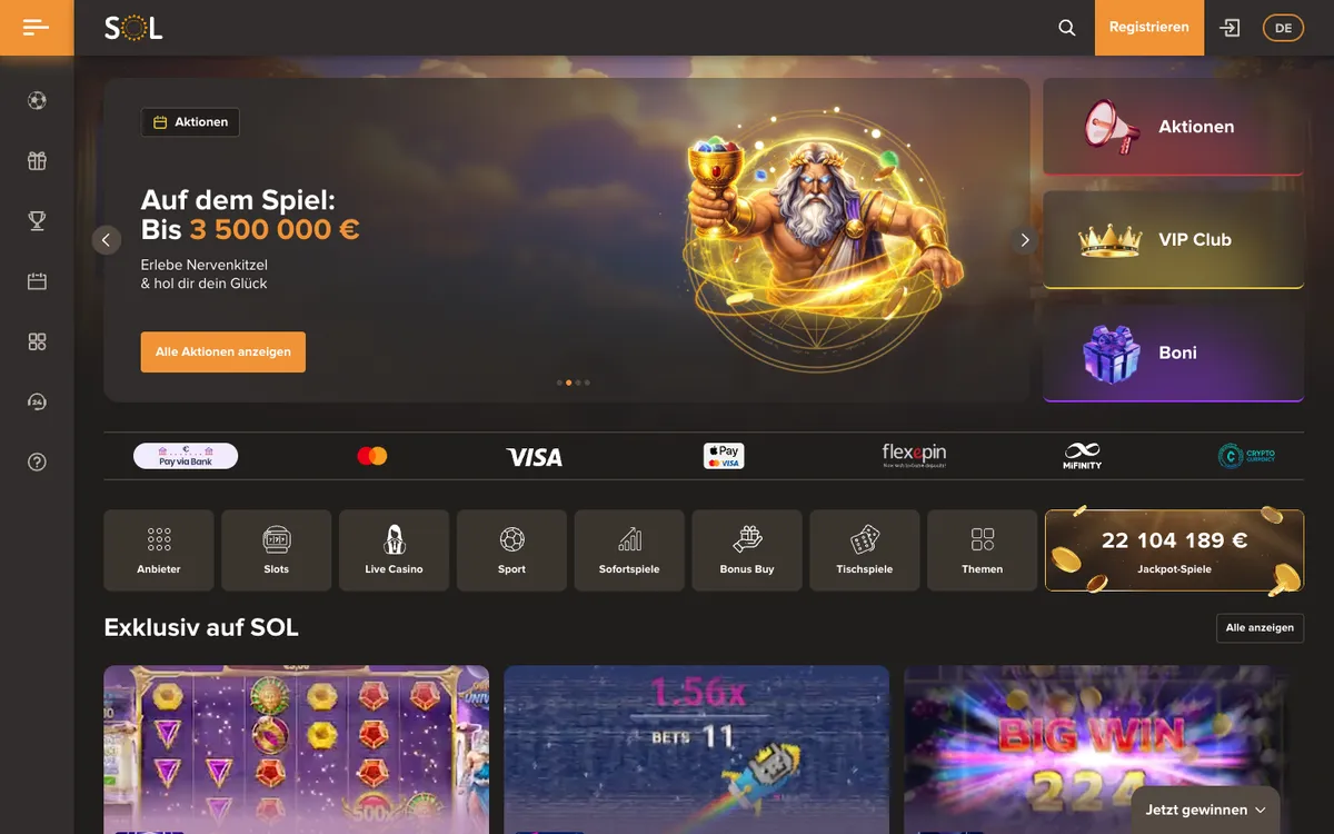 Sol Casino — Home page, captured from Germany