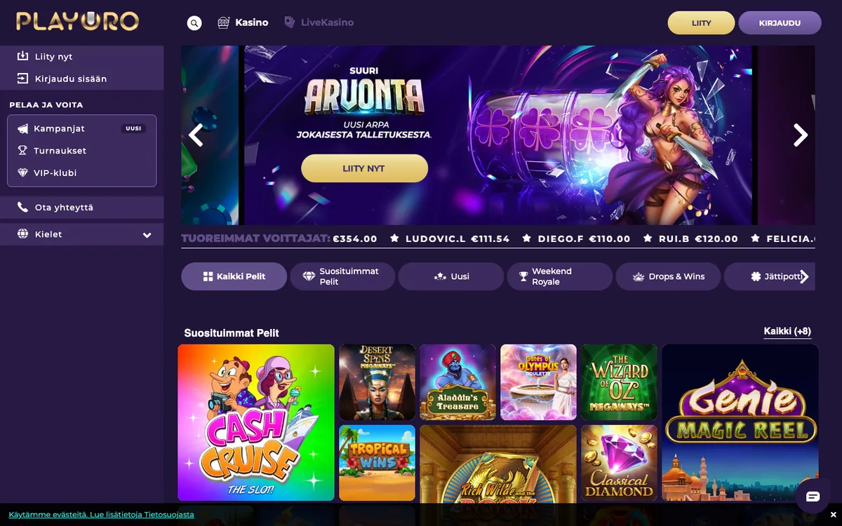 Playoro Casino — Home page, captured from Finland