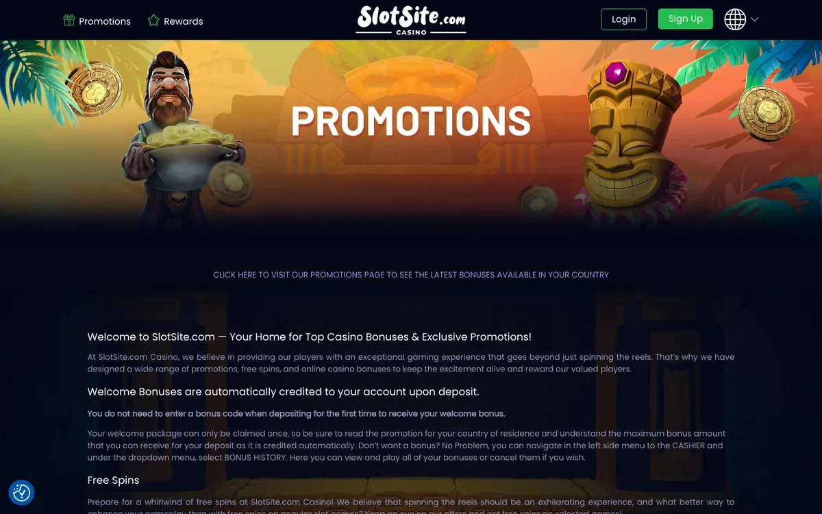 Slotsite.com Casino — «Акции», снято из страны Испания