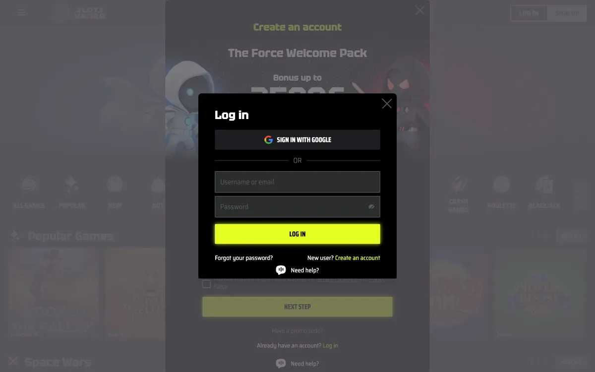 SlotsVader Casino — Sign-up, captured from Norway