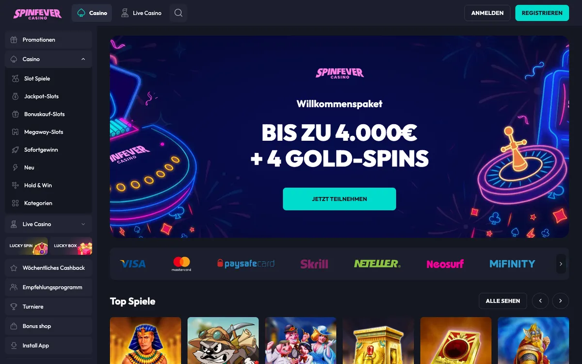 SpinFever Casino — «Главная», снято из страны Австрия