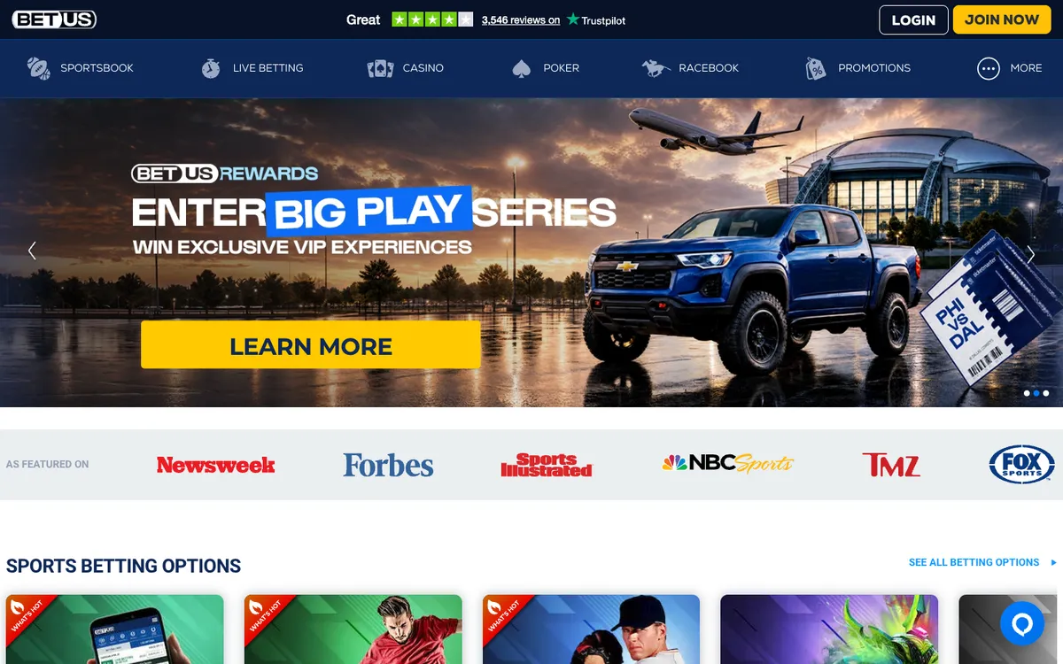 BetUS Casino — Home page, captured from United States