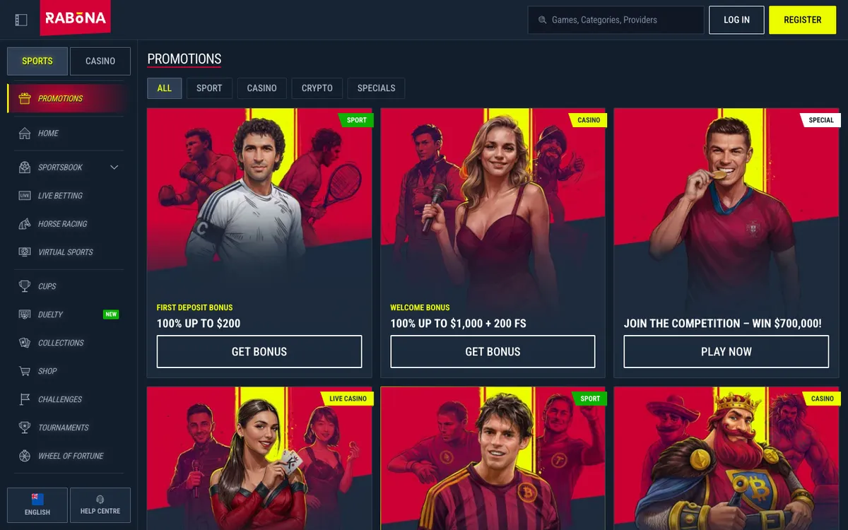 Rabona Casino — Promotions, captured from New Zealand
