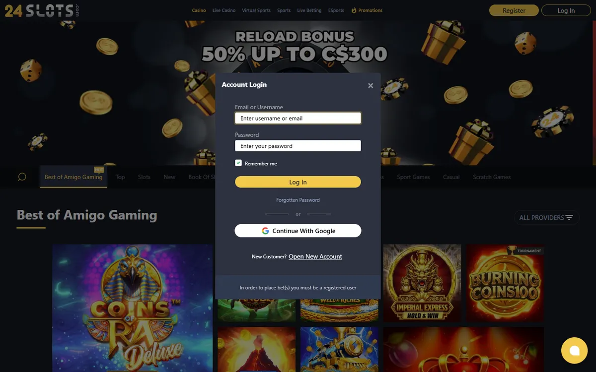 24Slots Casino — Sign-up, captured from Canada